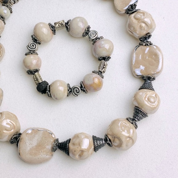 Vintage Statement Necklace - big glazed irregular beads with matching Bracelet - Picture 2 of 14